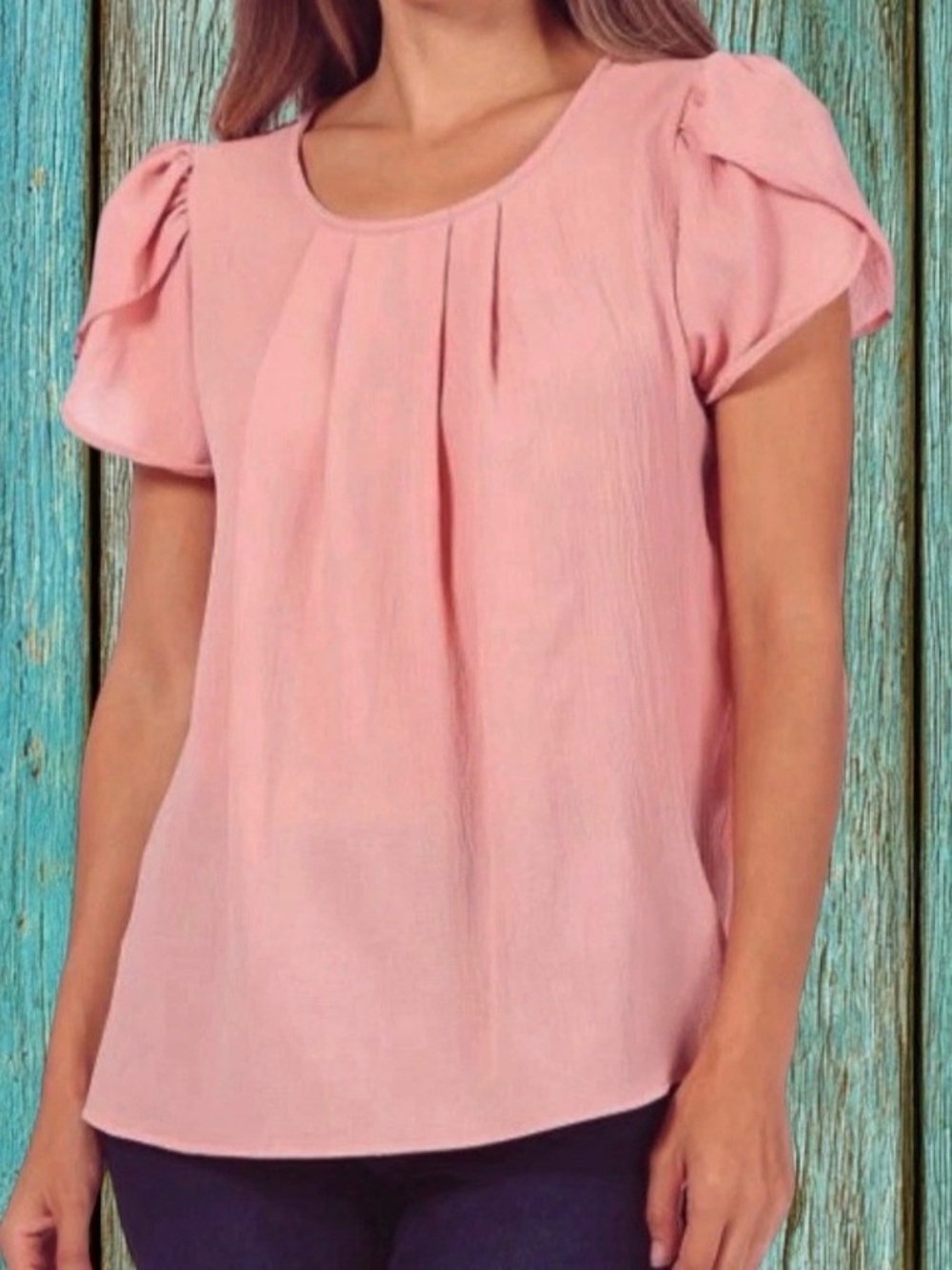 You & Me Women’s Plus 3X Dusty Pink Tulip Sleeve Pleated Front Crinkle Blouse